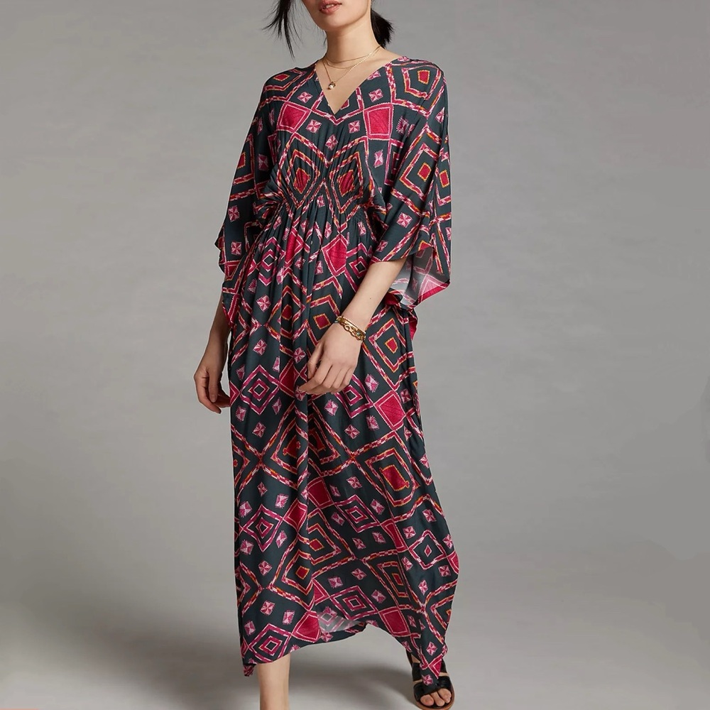 NWT Anthropologie Rujuta Sheth Marie Cinched Caftan Pink Geometric